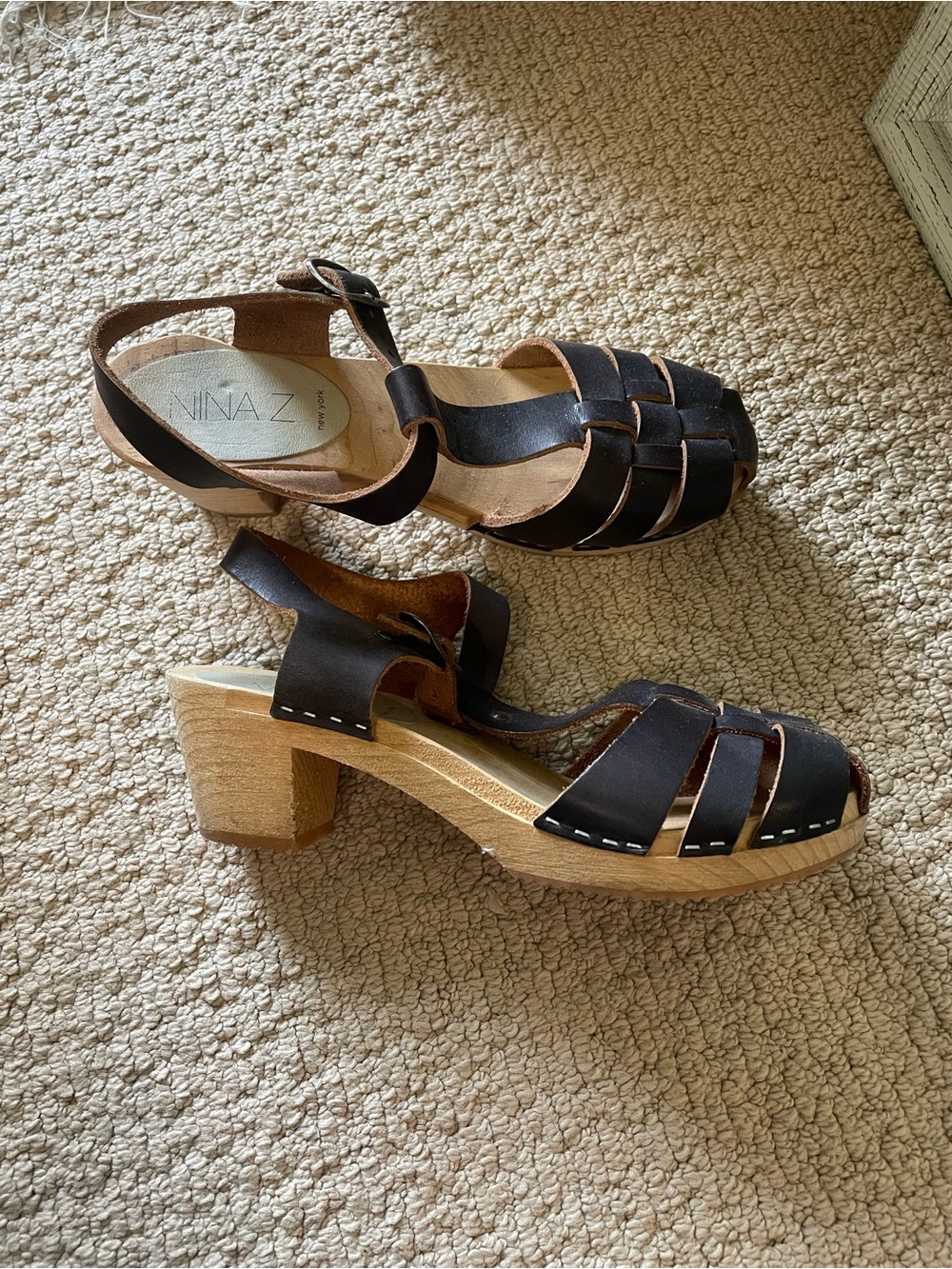 Nina Z Dark Brown Leather Woven Clog Sandals with Wood Heel